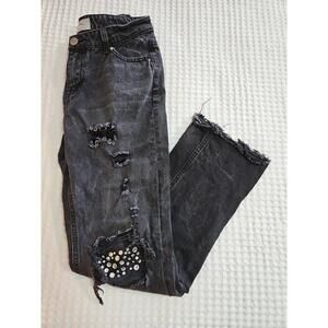 Ban-Jara Black 5 / 26 Straight Leg  Rhinestones Embellished Distressed Jeans
